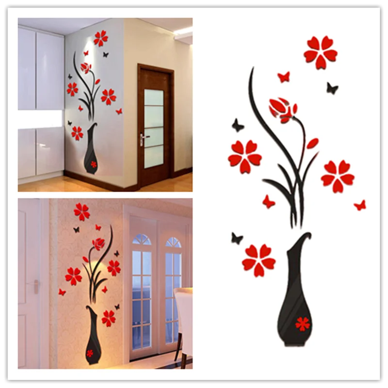Акриловые 3D наклейки ваза Цветочное дерево хрустальные настенные домашний декор