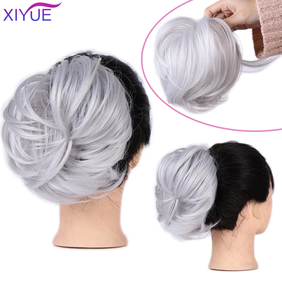 XIYUEMessy Scrunchies Donut Bun Synthetic Hair Chignon Straight Elastic Band Hair Extensions Heat Resistant Hairpieces For Women