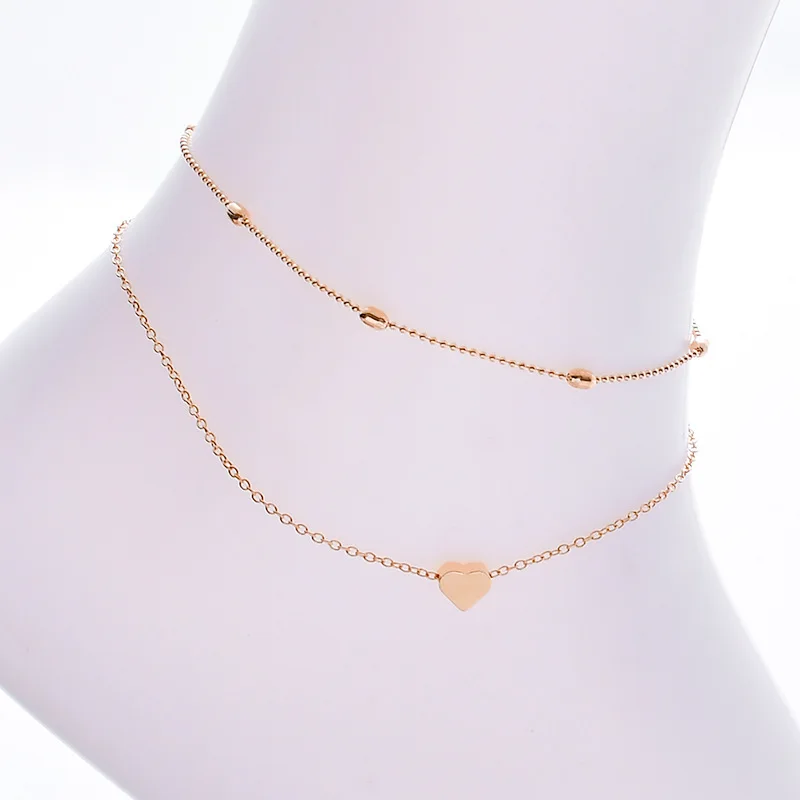 

Summer Beach New Beaded Chain Anklets Love Peach Heart Footchain Double Layer Gold Silver Ankle Bracelets for Women Jewelry