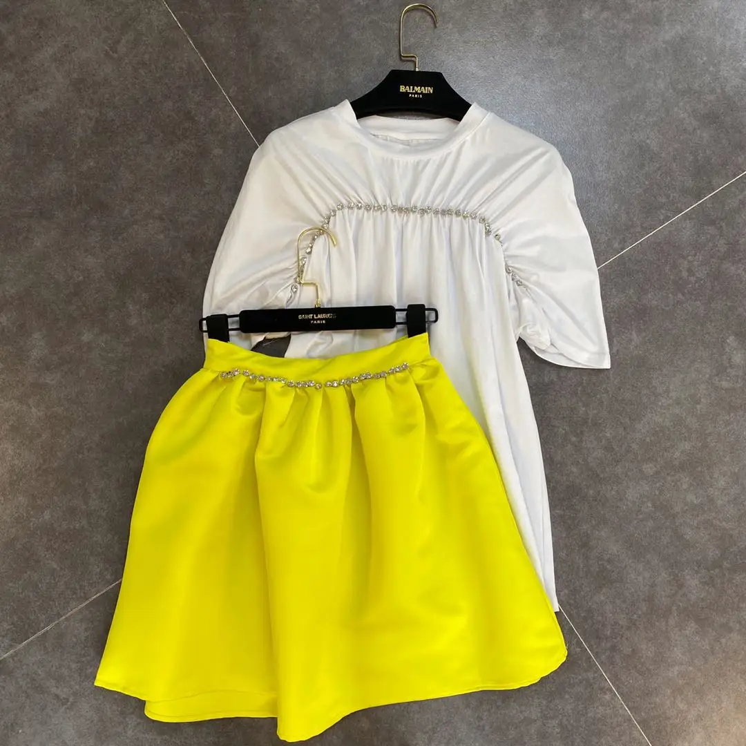 

2020 Summer Design Pleated Diamond Loose T Shirt with High Waist Puff Overskirt Girls Ladies Outfit Buy Separately