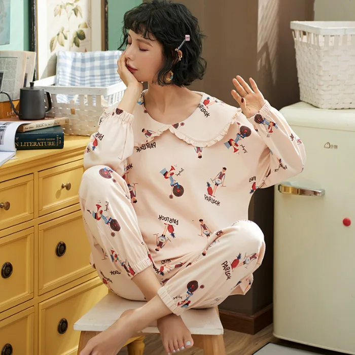 

Autumn And Winter New Style 6536 Combed Cotton Band Cute Pajamas Women's Peter Pan Collar Pullover Loose-Fit Sweet Homewear Set