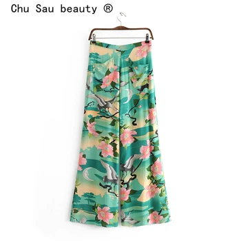 

Chu Sau beauty Boho Style Fashion Lotus Print Pants Women Holiday Chic Comfortable Trousers Female Autumn Wide Leg Pant