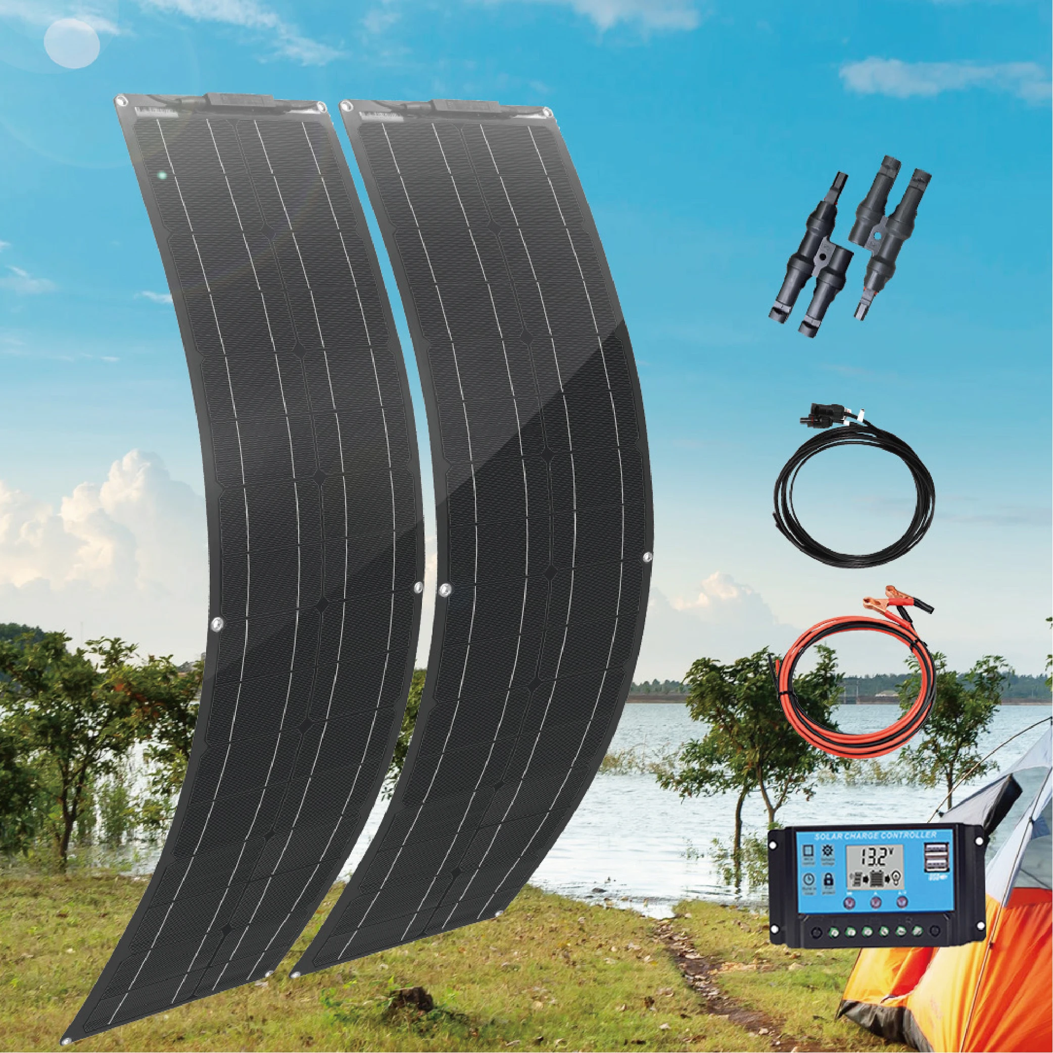 

12V 24V Flexble Solar Panel kit 100w 2pcs 50w 16v with Controller Photovoltaic cable for house car RV Yacht Charging batteries