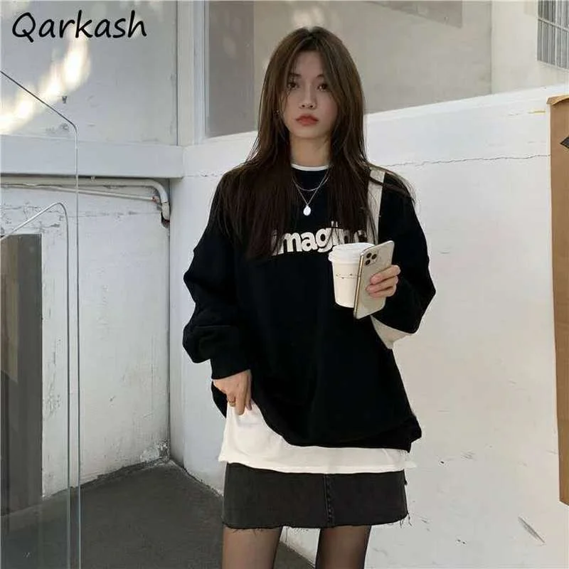 

Sweatshirts Women Loose No Hat Printing Simple Leisure Unisex Spring Autumn All-match Street Students Clothing Female O-neck New
