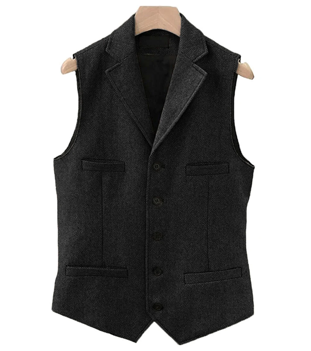 Brown/Blue/Green/Black Men's Tweed Vest Wool Waistcoat Casual Slim Fit Notch Lapel for Winter Leisure Business