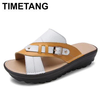 

TIMETANGGenuine Leather Slippers Women Flip Flops Beach Shoes Woman Outdoor Slides Slippers Summer Shoes Women Platform Sandals