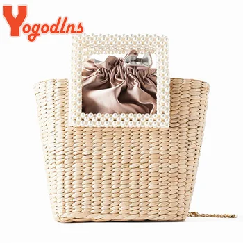 

Yogodlns Fashion Straw Bag Hand-Woven Shoulder Bag Summer Beach Vacation Pearl Designer Handbag Chain Crossbody Women Bags
