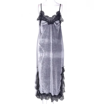 

Women V Neck Sexy Side Slit Lace Spaghetti Strap Velvet Long Dress Nightdress 62KE