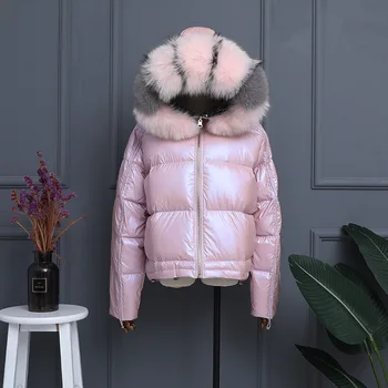 

2019 Women Double Sided White Duck Down Coat Winter Big Real Fox Fur Collar Waterproof Jacket Hooded Female Loose Snow Outerwear