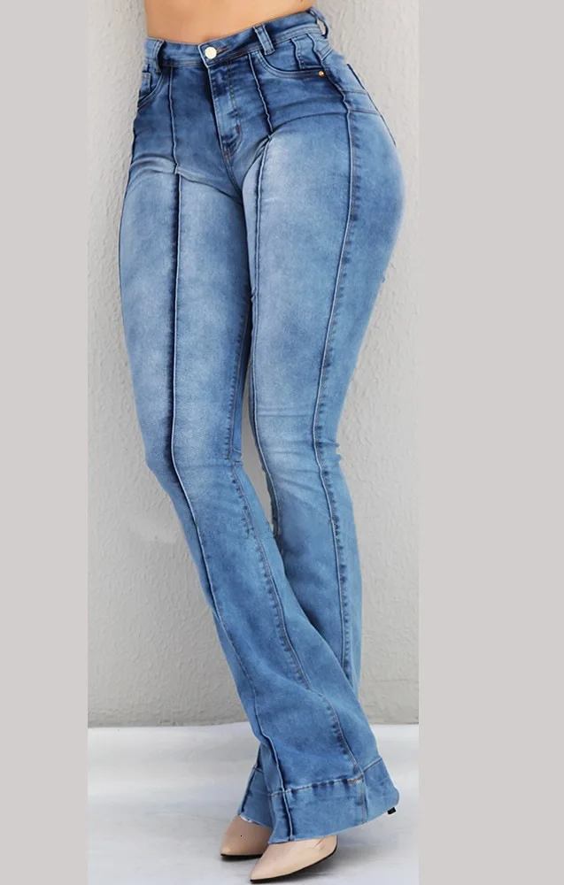 Женские высокие приталенные с широкими штанинами джинсы из денима, тянущиеся узкие брюки длина джинсы тонкая на кнопках Карманы Брюки женские джинсы плюс размер
