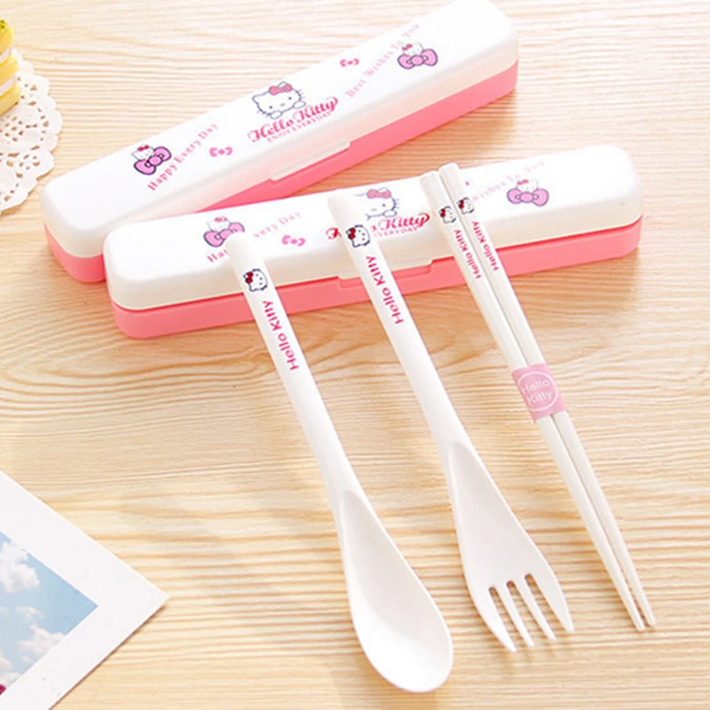 Kawaii Cute Cat Stainless Steel Dinnerware Kitchen Supplies Chopsticks Utensil Flatware Spoon Fork For Kids Children 3PCS/Set 1p