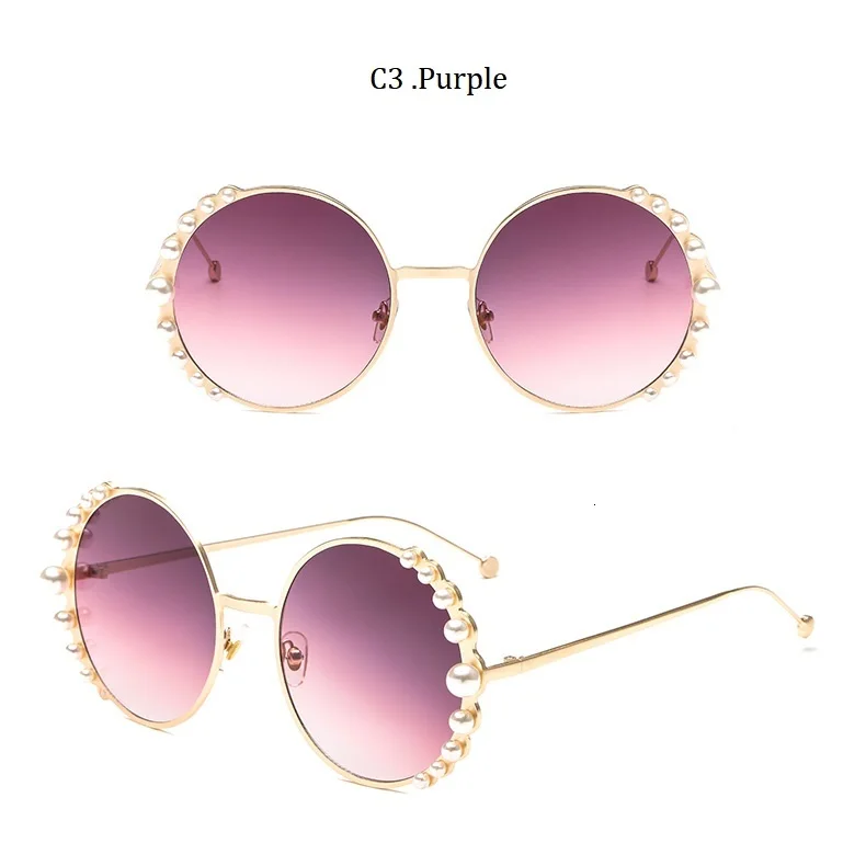 Luxury Beads Round Sunglasses Women Fashion Alloy Frame Brand Pearls Designer Sun Glasses For Female Brown Shades UV400 New