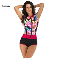 Lunamy, цветочный принт, сдельный купальник, женский купальник, сексуальный, без рукавов, боди с молнией спереди, пляжная одежда, купальник для женщин