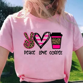 

Pink T-Shirt Leopard Peace Love Coffee Print Women Summer T Shirt Vogue Leisure Girls Tshirt Trendy Hipster Tops Tees Streetwear