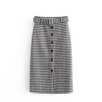 

Autumn 2019 women's new high waist with belt coarse straight bobbin skirt, thousand bird pattern, medium length skirt 0756327106