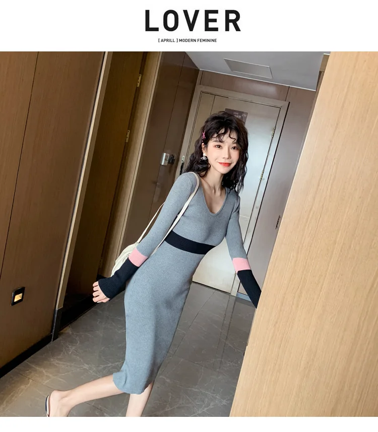 HAYBLST Brand Womens Sweater Dress Fall Winter Sexy Vestidos Kawaii Elegant Korean Style Long Sleeve Knitting Slim Clothing