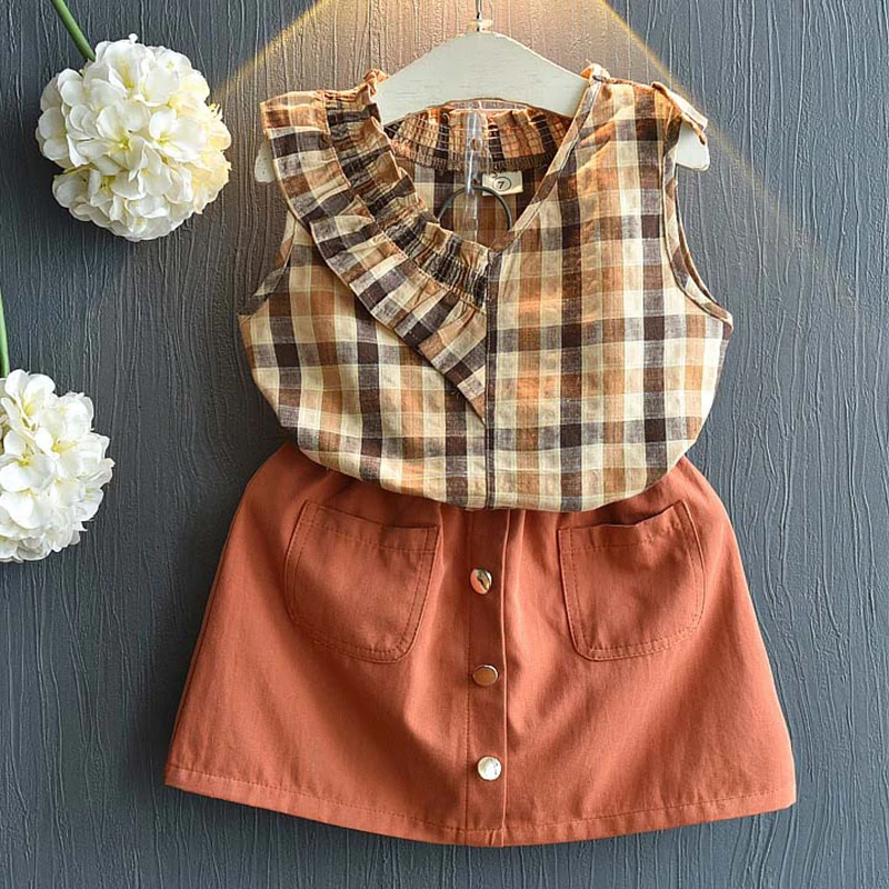 

Girls Clothing Set Summer Korean Version Sleeveless T-shirt+Plaid Skirt Kids Suit Bodysuit Baby Girl Clothes