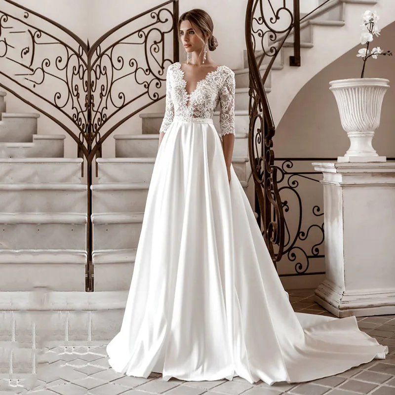 

Eightale Satin Wedding Dress with Half Sleeves V-Neck White Ivory Vintage Wedding Gowns Appliques Lace Custom Made Bridal Dress