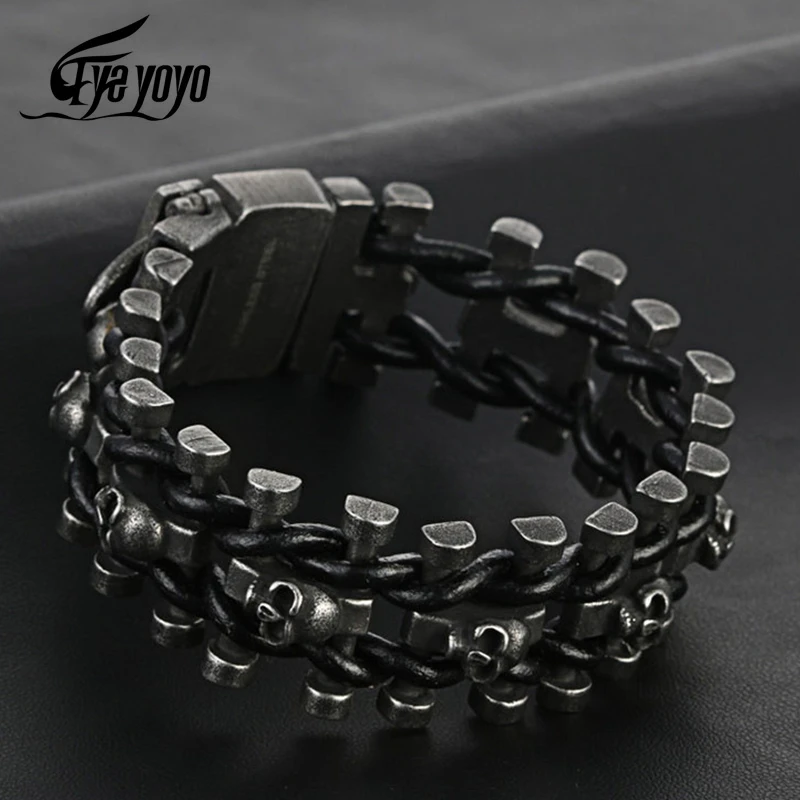 Eyeyoyo Retro Black Stainless Skull Bracelet For Men Rock Chain Leather Hip-hop Armband Jewelry - Bracelets - AliExpress