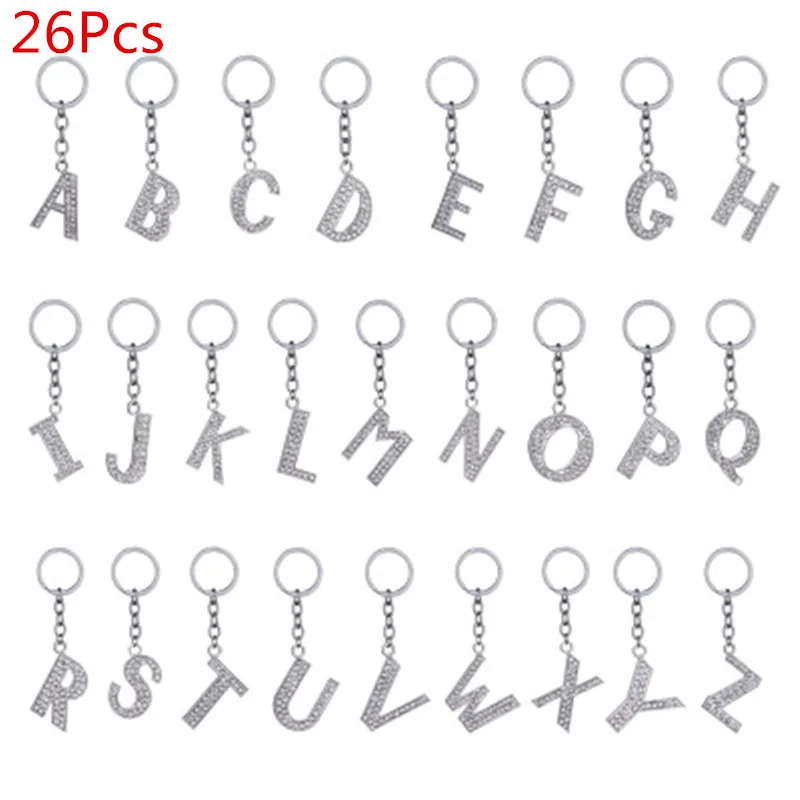 

26Pcs/set Crystal Rhinestone A-Z Alphabet Keyrings Initial Letter Key Rings Chain Unisex Keychain Letters
