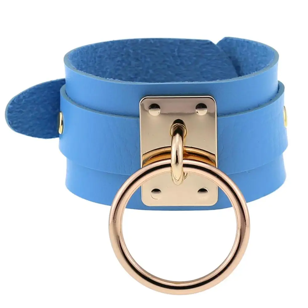 light blue Женский, мужской, негабаритный, двойной слой, кожаный ремешок, покрытие, браслет на запястье, связывание, БДСМ, Золотой Металл, Круглый, готический, браслеты - Окраска металла: light blue
