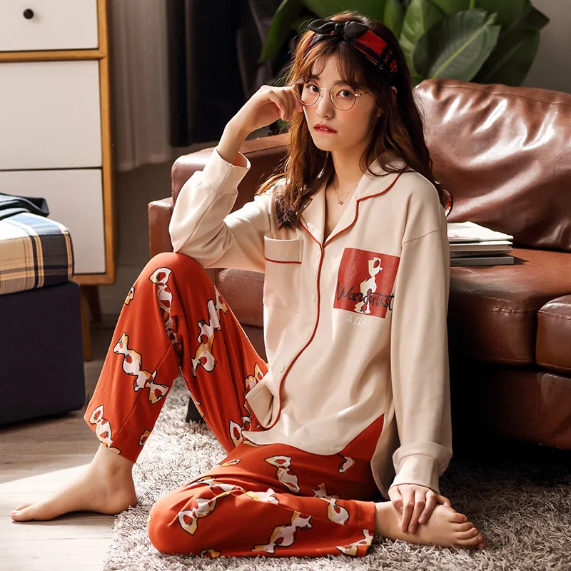 

Pajamas Women's Spring And Autumn Pure Cotton Korean-style Cardigan Tracksuit Sweet Long-sleeve Suit Students Long Sleeve Trouse