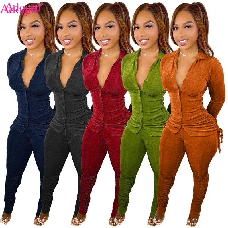 Adogirl Cashmere Wool 2 Piece Set Drawstring Shirt Top Pleated Stacked Pants Tracksuit Plus Size Women Casual Jogger Suit S-3XL special occasion pant suits