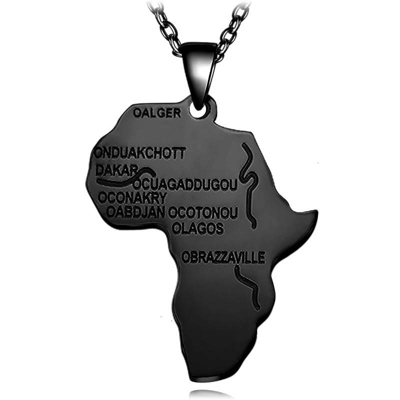 Африка Карта золотой кулон из нержавеющей стали ожерелье для мужчин женщин цепочка ожерелье модный Африканский кулон карта хип хоп мужские ювелирные изделия - Окраска металла: black