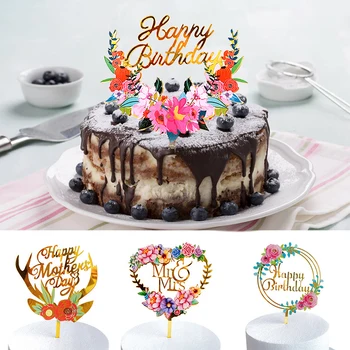 

Happy Birthday Cake Topper Color Printing Flower Acrylic Cake Insert Birthday Party Dessert Decoration Baking Supplies