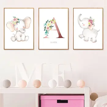 

Flower Elephant Nursery Art Print Personalized Custom Name Poster Wall Art Paintings Nordic Canvas Picture Baby Girl Room Decor