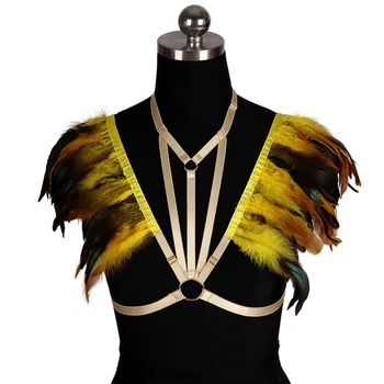

Rave Wear Feathers Epaulette Cage Bra Womens Angel Wings Feathers Gothic Body Harness Belt Sexy Fetish Bondage Harness Lingerie