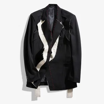 

[] Women Black Contrast Color Burr Split Blazer New Lapel Long Sleeve Loose Fit Jacket Fashion Spring Autumn 2020 1N048