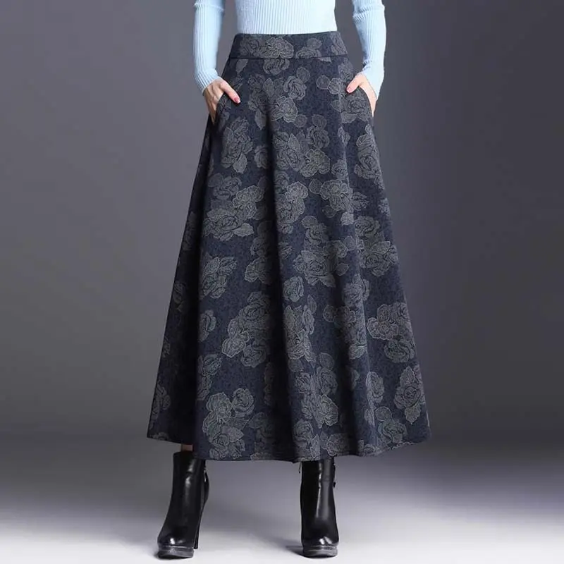 Шерстяная Юбка осень и зима юбки женские новые клетчатые Модные женские большие размеры элегантная длинная юбка Jupe Femme Saia f2312 - Цвет: dark blue flower