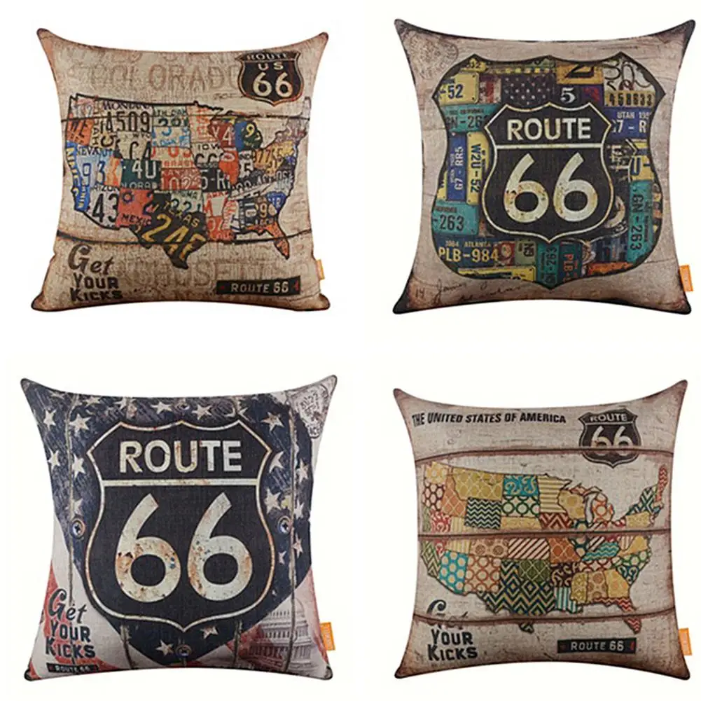 

Vintage American Map Route 66 Pattern Soft Linen Pillow Case Removable Cushion Cover Sofa Bed Car Decor