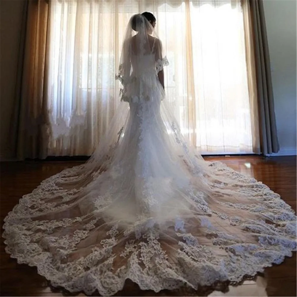 

Two Layers Wedding Veils 3 Meters Long Cathedral Length Lace Appliqued Real Image Tulle Bridal Veil With Combs