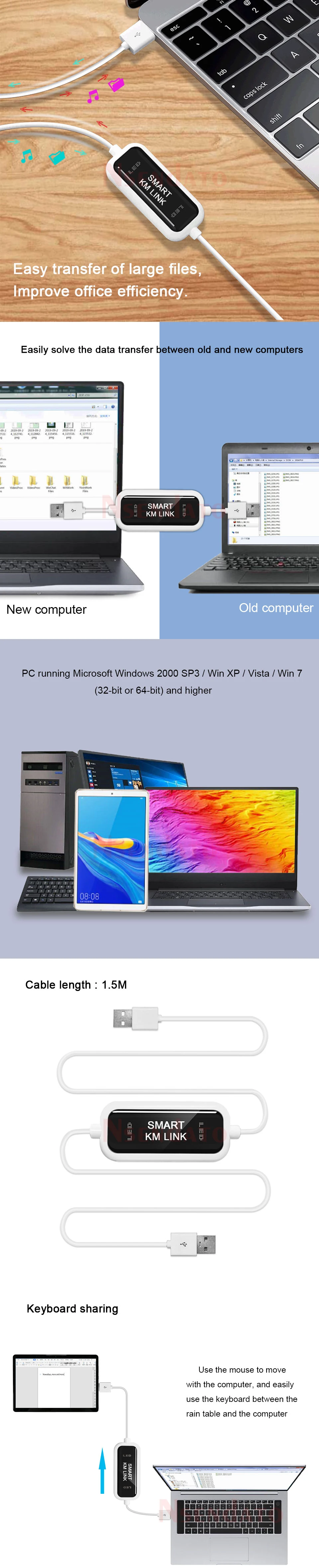 USB 2.0 Smart KM Link PC To PC Keyboard Mouse Share Sync Data Link Connection US