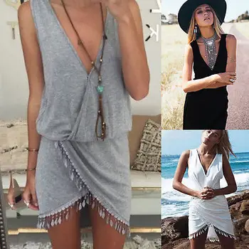 

Sexy Womens Tassel Deep v-neck Beach Dress Beachwear Swimwear Bikini Wear Cover Up Women Summer Dress
