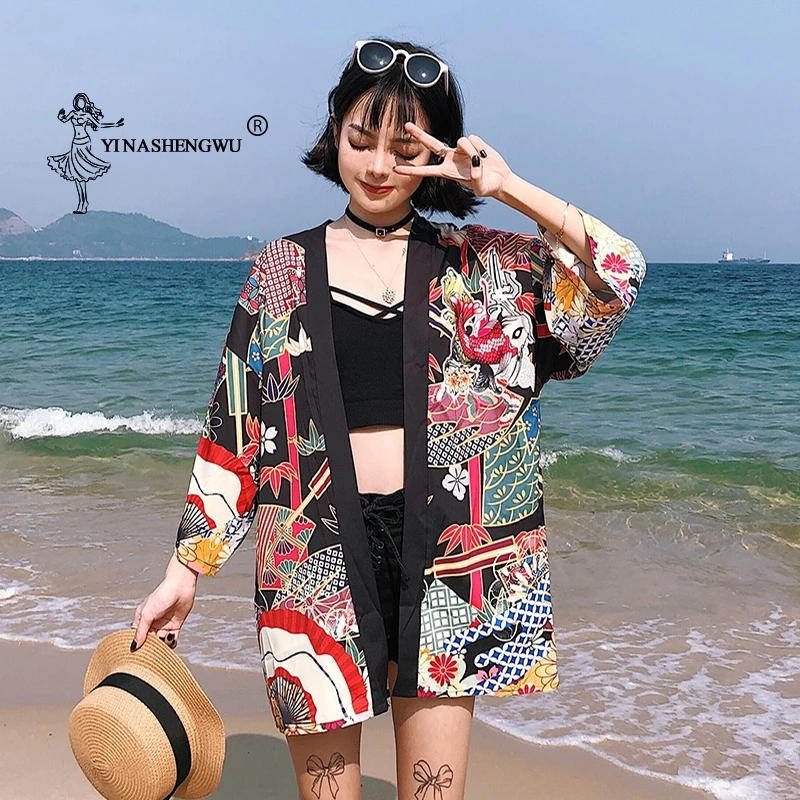 Yukata женское кимоно кардиган японские Азия одежда летняя рубашка с принтом рыбы