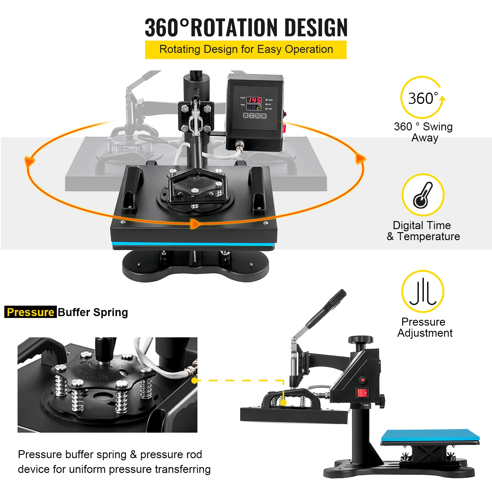 VEVOR 15x15 Heat Press Machine, Heat Press 2-in-1 Multifunctional Heat  Press Machine, 360 Degree Swing-Away Heat Press Digital Precise Heat  Control