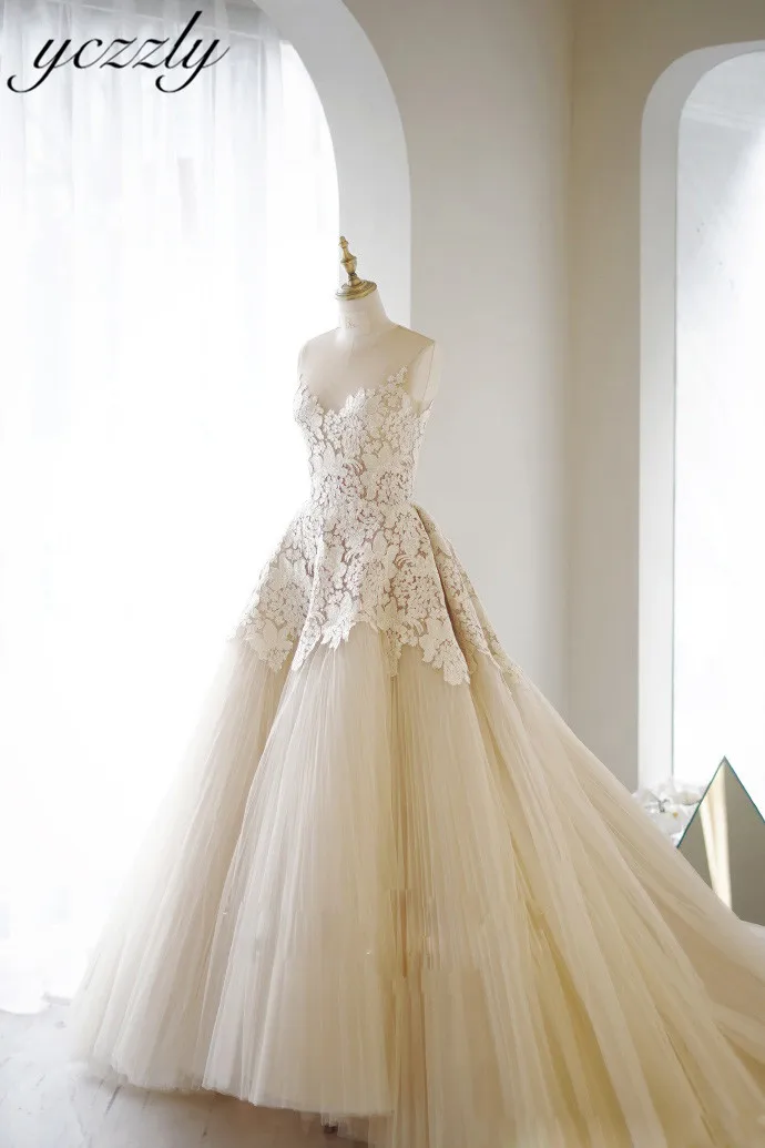 Vestidos De Novia винтажное ТРАПЕЦИЕВИДНОЕ длинное кружевное свадебное платье с аппликацией шампанского свадебное платье Robe De Mariee YW25