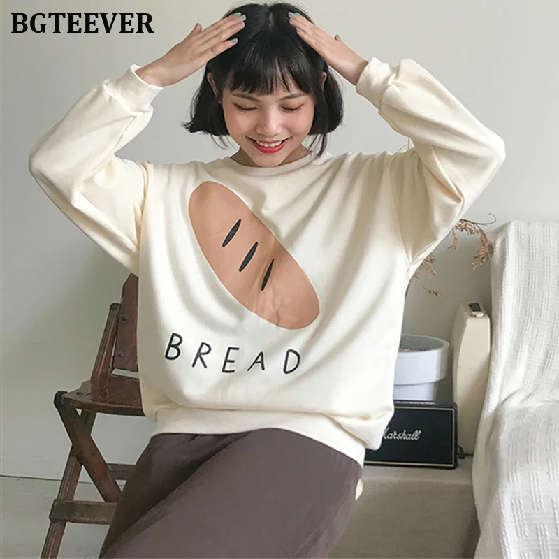 BGTEEVER хлебный принт Свободная Женская толстовка с круглым вырезом и длинным