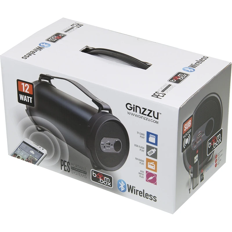 Колонка порт. Ginzzu GM-887B черный 12W 2.0 BT/3.5Jack/USB 3000mAh