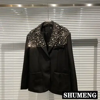 

2020 Autumn New Large Diamond Rhinestone Beads Long Sleeve Suit Jacket Women Fashion Black Blazer Coat Outfits