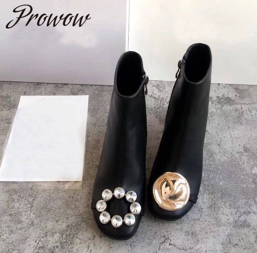 

Prowow New Branded Genuine Leather Black Round Toe Ankle Boots Zip Side Crystal Beading Autumn Winter Boots Shoes Women