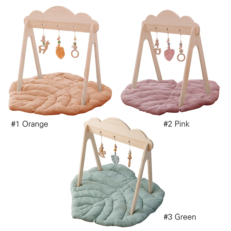 Baby Wooden Teether Gym Play Toys Cotton Leaves Mat Natural Wooden Rodent Stroller Chain Hanging Baby Toy Mobile Bed Holder Gift