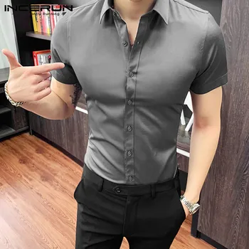 

2020 Men Business Social Shirt Short Sleeve Streetwear Lapel Solid Color Camisa Button Fashion Brand Dress Shirts S-5XL INCERUN