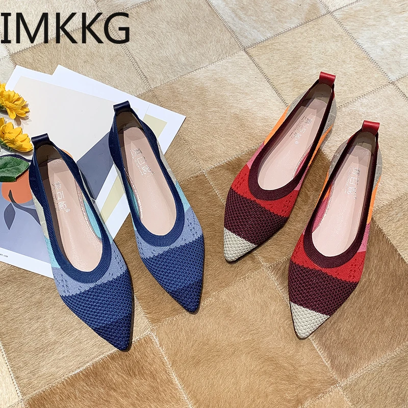 Women's Flat Shoes Ballet Shoes Breathable Knitting Pointed Shoes Moccasin Mixed Color Women's Soft Shoes Women Zapatos De