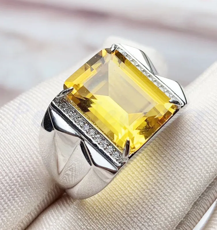 Мужское кольцо,, натуральный настоящий цитрин или аметист, прямоугольные кольца, Стерлинговое Серебро 925 пробы, хорошее ювелирное изделие, 7.3ct драгоценный камень T91251