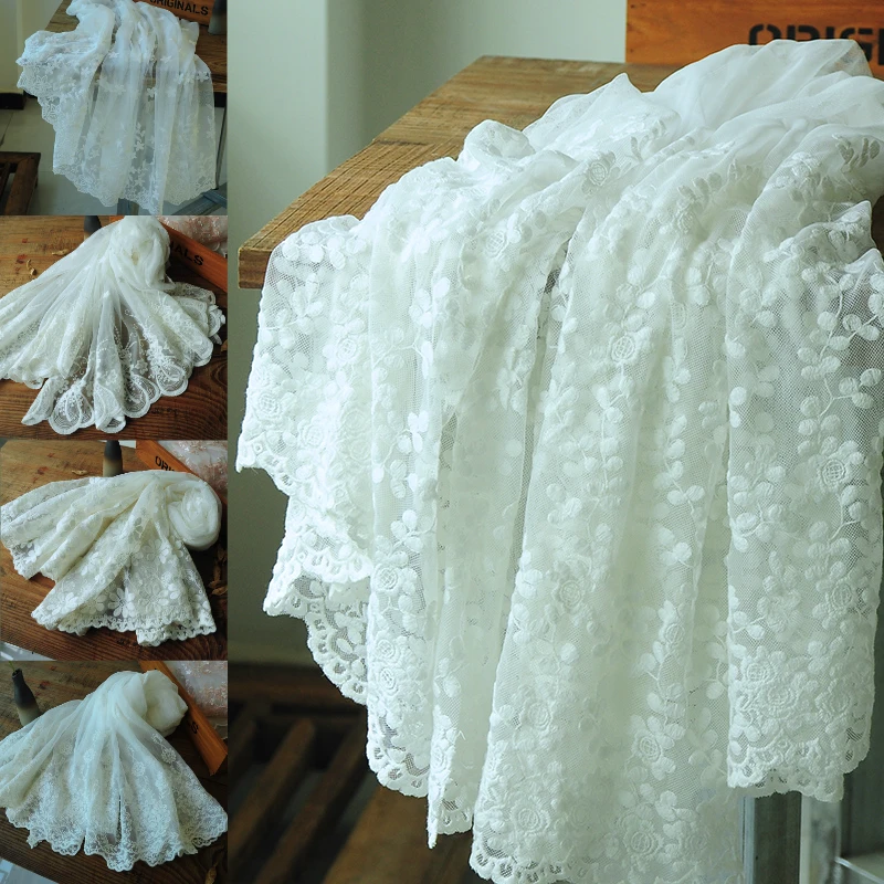 

50cm x130cm beige white Net Bouble Size Symmetrical Positioning Embroidery Lace Fabric DIY webbing Cloth for wedding dress
