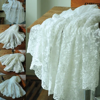 

50cm x130cm beige white Net Bouble Size Symmetrical Positioning Embroidery Lace Fabric DIY webbing Cloth for wedding dress